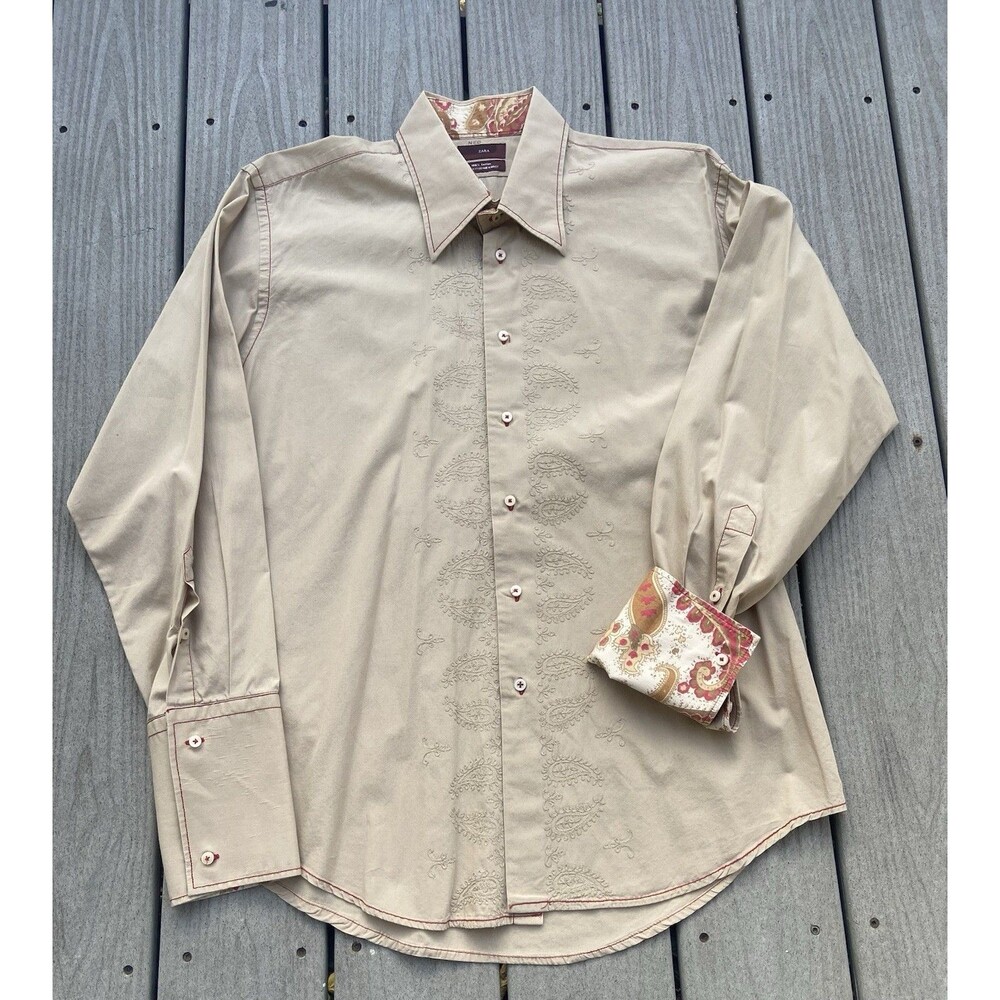 Zara Men’s XL Embroidered Paisley Dress Shirt Beige Cotton Contrast Cuff Turkey